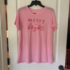 Holiday Time women’s pink shirt sleeve “Merry & Bright” top